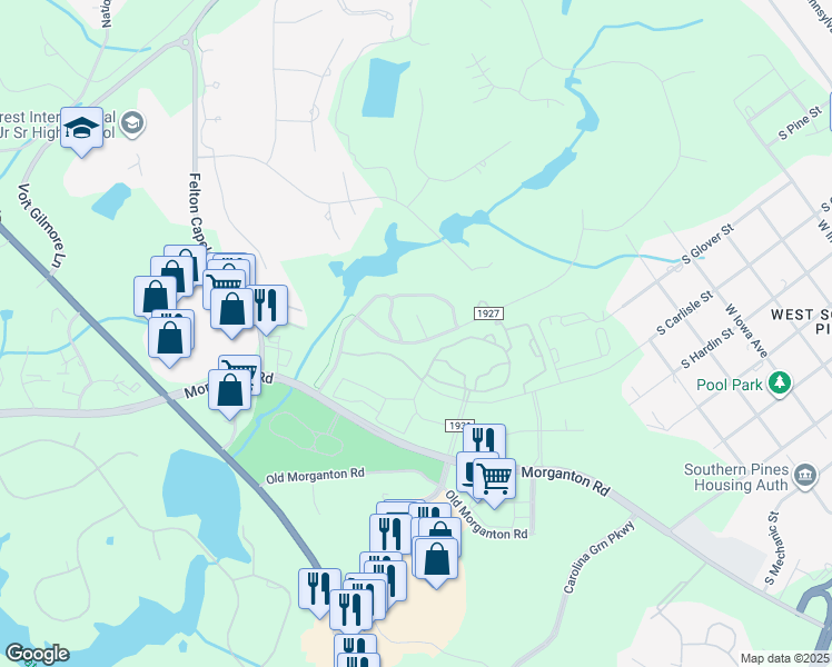 map of restaurants, bars, coffee shops, grocery stores, and more near 105 Tanglewood Court in Southern Pines