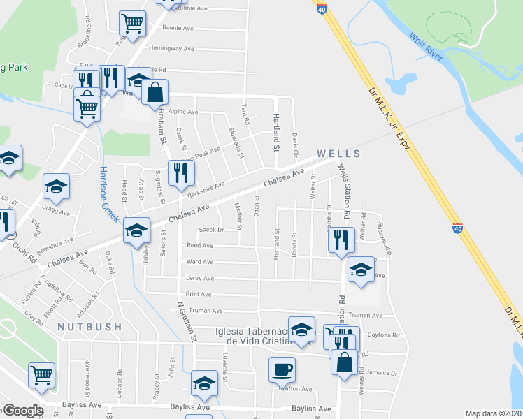 map of restaurants, bars, coffee shops, grocery stores, and more near 1752 Ozan Street in Memphis