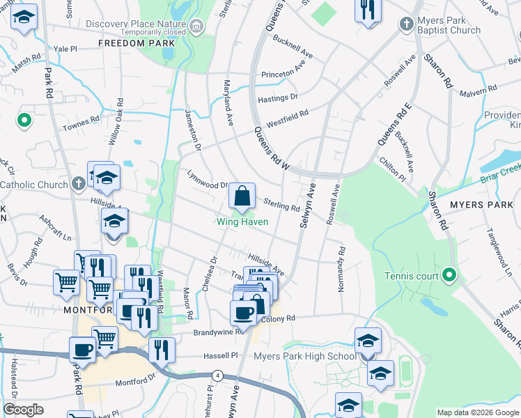 map of restaurants, bars, coffee shops, grocery stores, and more near 1956 Sterling Road in Charlotte