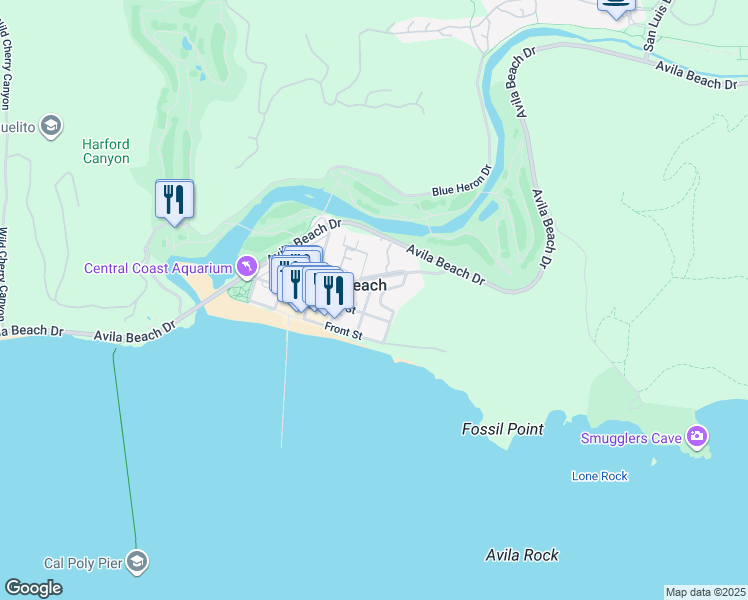 map of restaurants, bars, coffee shops, grocery stores, and more near 141 San Rafael Street in Avila Beach