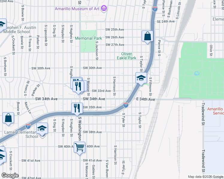 map of restaurants, bars, coffee shops, grocery stores, and more near 3208 South Harrison Street in Amarillo