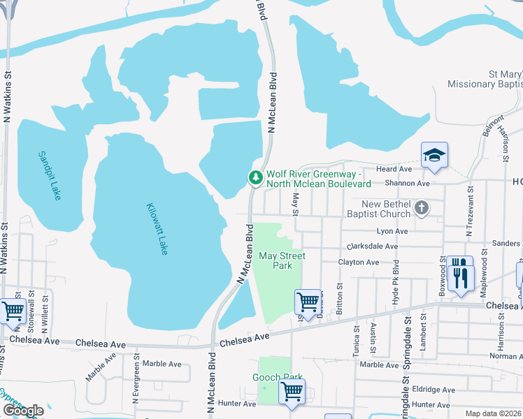 map of restaurants, bars, coffee shops, grocery stores, and more near 1832 Nedra Avenue in Memphis