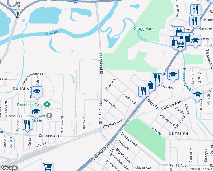 map of restaurants, bars, coffee shops, grocery stores, and more near 1739 Hanson Rd in Memphis