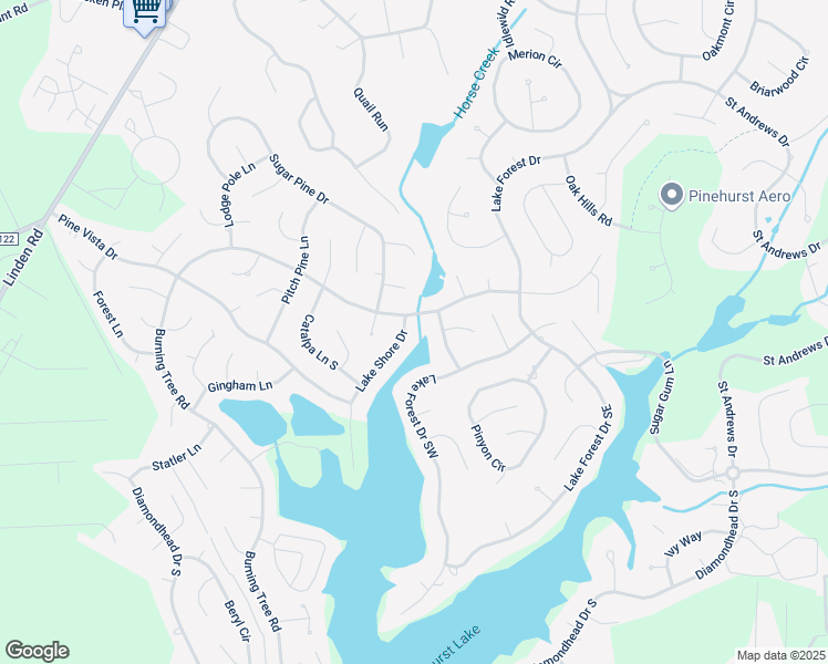 map of restaurants, bars, coffee shops, grocery stores, and more near 10 Lake Shore Drive in Pinehurst