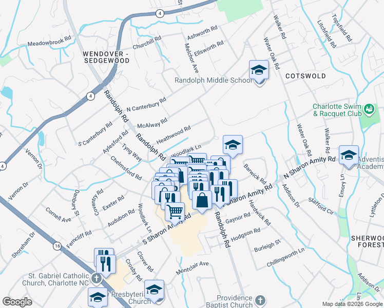 map of restaurants, bars, coffee shops, grocery stores, and more near 4435 Woodlark Lane in Charlotte