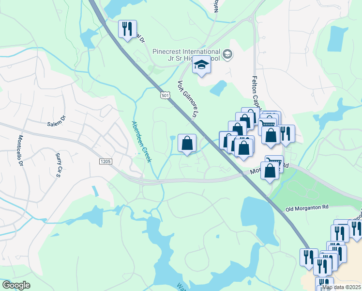 map of restaurants, bars, coffee shops, grocery stores, and more near 190 Fox Hollow Court in Pinehurst
