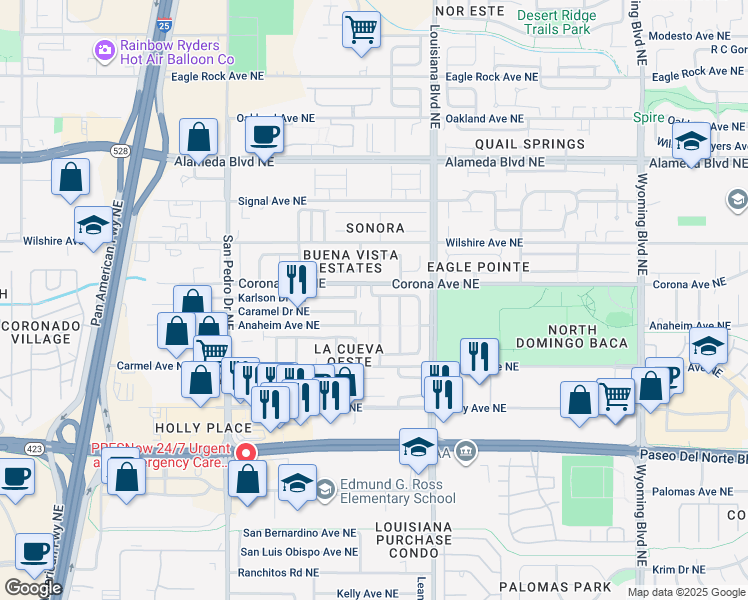 map of restaurants, bars, coffee shops, grocery stores, and more near 6614 Karlson Drive Northeast in Albuquerque