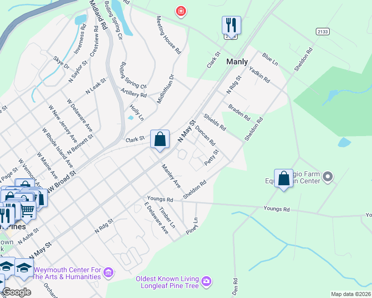 map of restaurants, bars, coffee shops, grocery stores, and more near 1090 North Ridge Street in Southern Pines