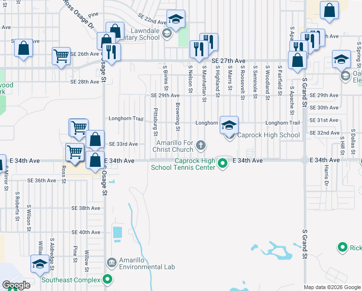 map of restaurants, bars, coffee shops, grocery stores, and more near 3119 Browning Street in Amarillo