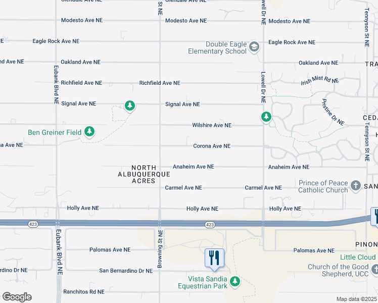 map of restaurants, bars, coffee shops, grocery stores, and more near 11304 Corona Avenue Northeast in Albuquerque