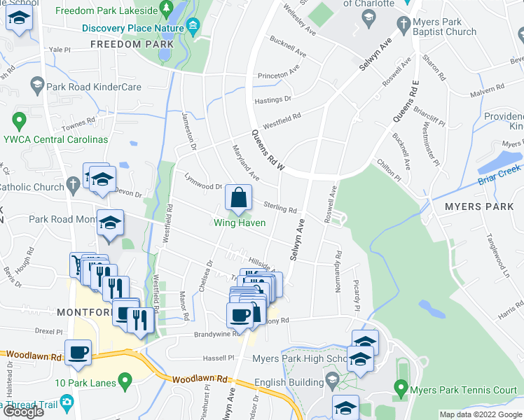 map of restaurants, bars, coffee shops, grocery stores, and more near 1956 Sterling Road in Charlotte