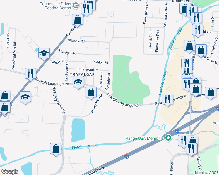 map of restaurants, bars, coffee shops, grocery stores, and more near 1988 Goldbrier Lane in Memphis