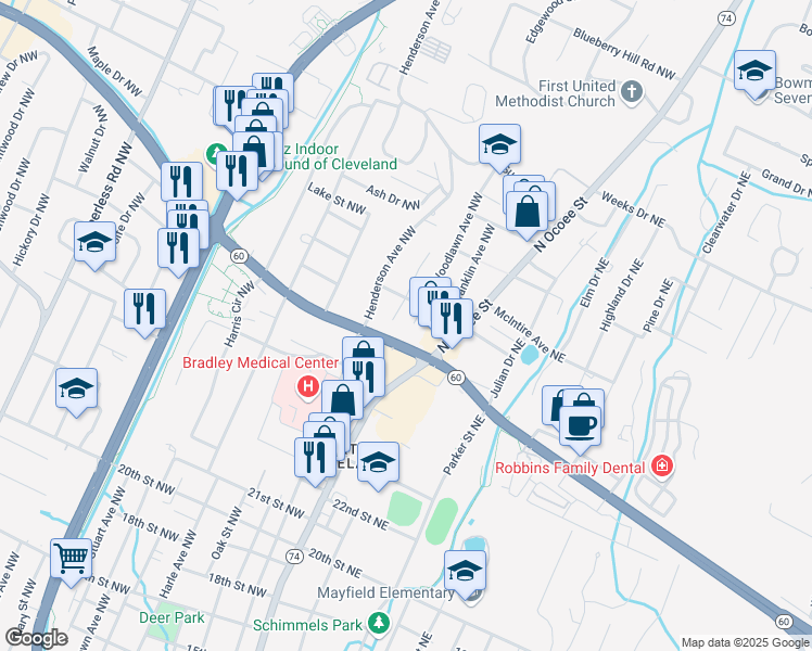 map of restaurants, bars, coffee shops, grocery stores, and more near 2505 Woodlawn Avenue Northwest in Cleveland