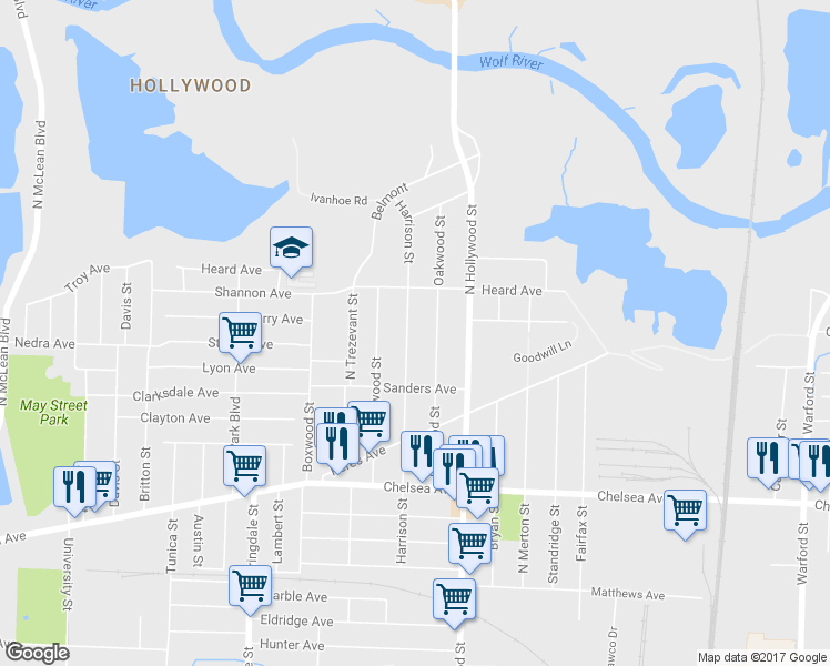 map of restaurants, bars, coffee shops, grocery stores, and more near 1590 Harrison Street in Memphis