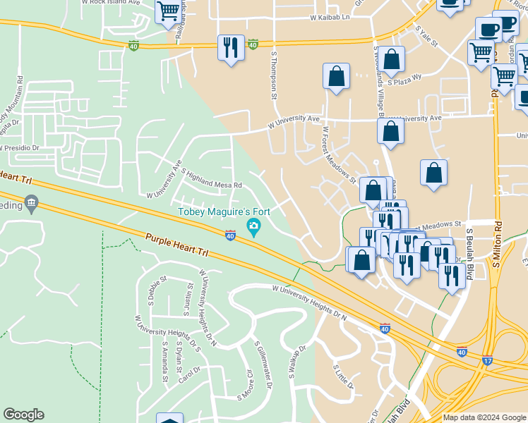 map of restaurants, bars, coffee shops, grocery stores, and more near 2509 South Highland Mesa Road in Flagstaff