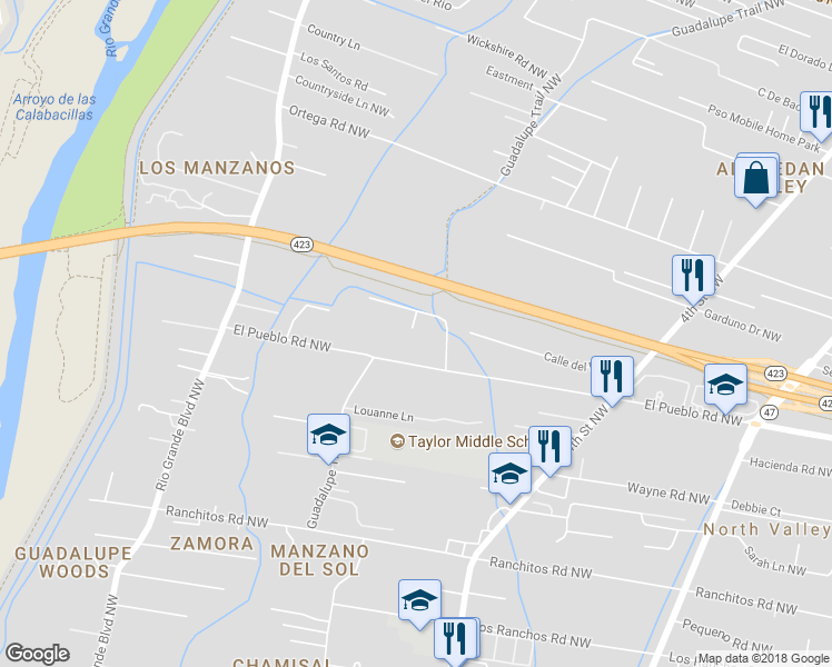 map of restaurants, bars, coffee shops, grocery stores, and more near 839 El Pueblo Road Northwest in Los Ranchos de Albuquerque