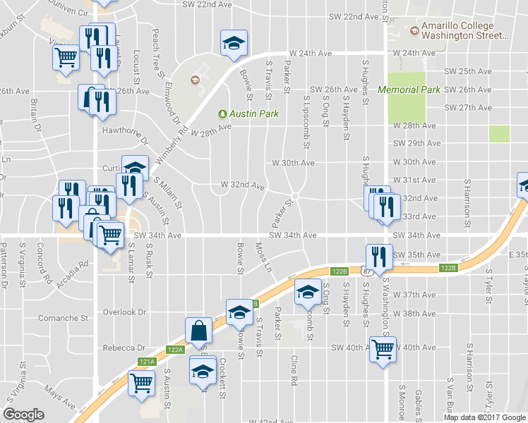 map of restaurants, bars, coffee shops, grocery stores, and more near 3217 South Travis Street in Amarillo