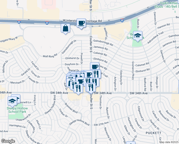 map of restaurants, bars, coffee shops, grocery stores, and more near 7301 Imperial Drive in Amarillo