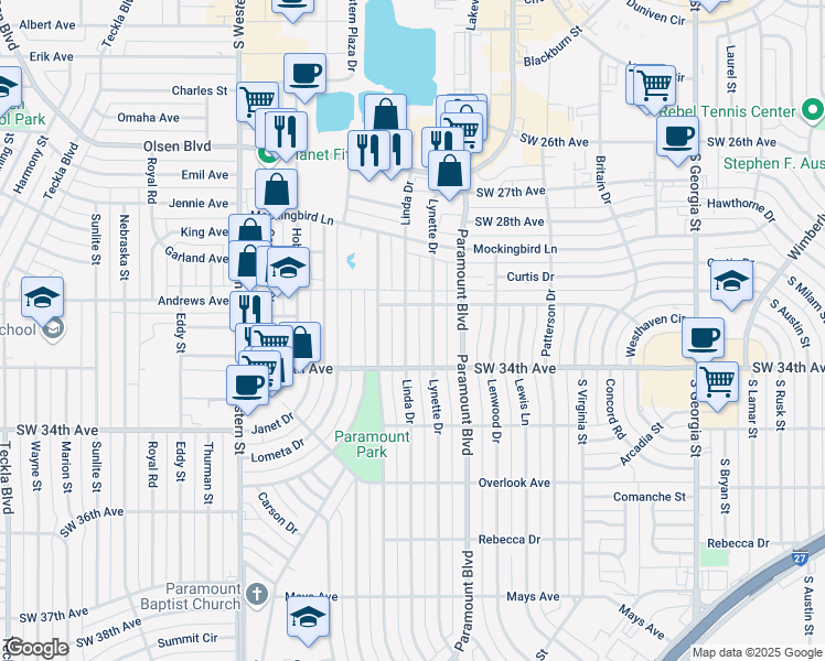 map of restaurants, bars, coffee shops, grocery stores, and more near 3309 Linda Drive in Amarillo