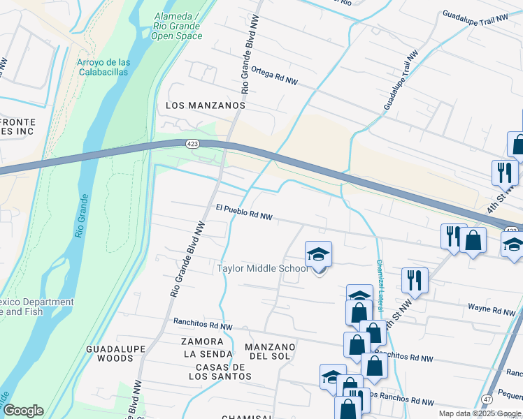 map of restaurants, bars, coffee shops, grocery stores, and more near 1039 El Pueblo Road Northwest in Los Ranchos de Albuquerque