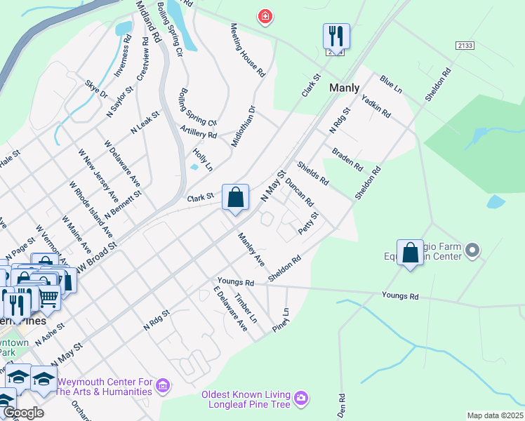 map of restaurants, bars, coffee shops, grocery stores, and more near 125 Pinebranch Court in Southern Pines