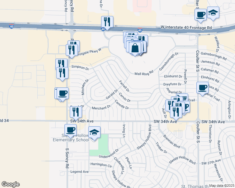 map of restaurants, bars, coffee shops, grocery stores, and more near 7727 Cervin Drive in Amarillo
