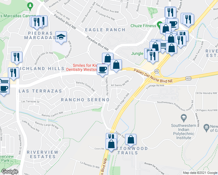 map of restaurants, bars, coffee shops, grocery stores, and more near 8323 Sleeping Bear Drive Northwest in Albuquerque