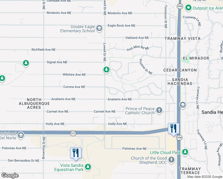 map of restaurants, bars, coffee shops, grocery stores, and more near 11930 Coral Dawn Road in Albuquerque
