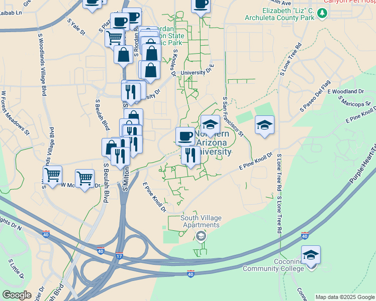 map of restaurants, bars, coffee shops, grocery stores, and more near 305 East McConnell Drive in Flagstaff