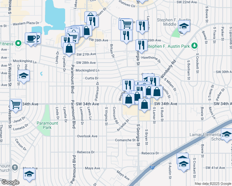 map of restaurants, bars, coffee shops, grocery stores, and more near 2807 Duncan Drive in Amarillo