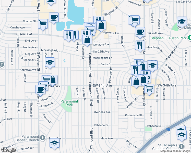 map of restaurants, bars, coffee shops, grocery stores, and more near 3309 Lenwood Drive in Amarillo