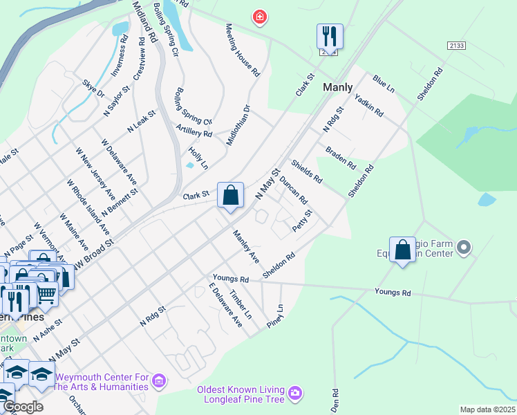 map of restaurants, bars, coffee shops, grocery stores, and more near 125 Pinebranch Court in Southern Pines
