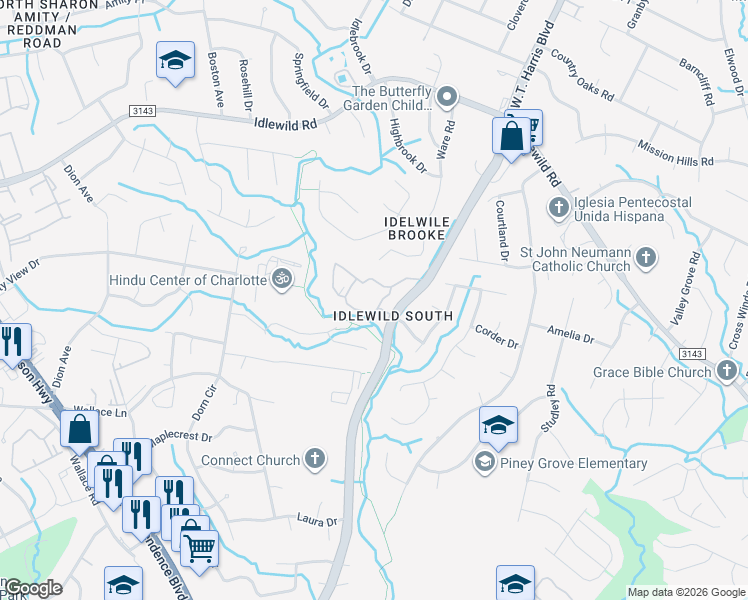 map of restaurants, bars, coffee shops, grocery stores, and more near 10510 Waterford Creek Lane in Charlotte