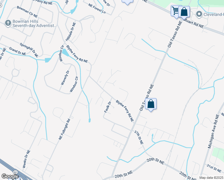 map of restaurants, bars, coffee shops, grocery stores, and more near 1255 Blythe Ferry Road Northeast in Cleveland