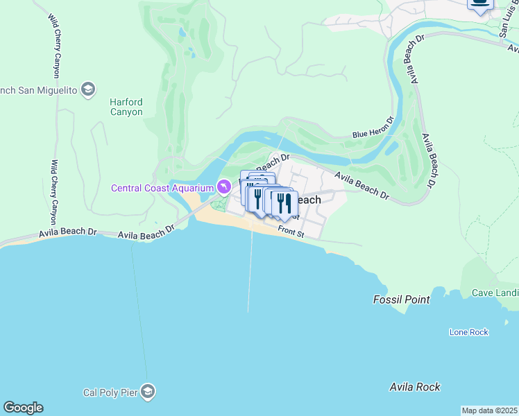 map of restaurants, bars, coffee shops, grocery stores, and more near 445 1st Street in Avila Beach