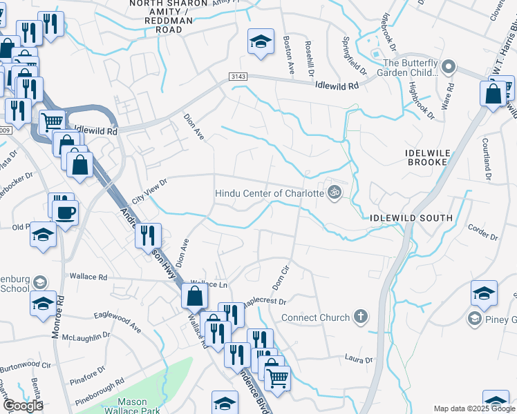 map of restaurants, bars, coffee shops, grocery stores, and more near 7220 Brighton Brook Drive in Charlotte