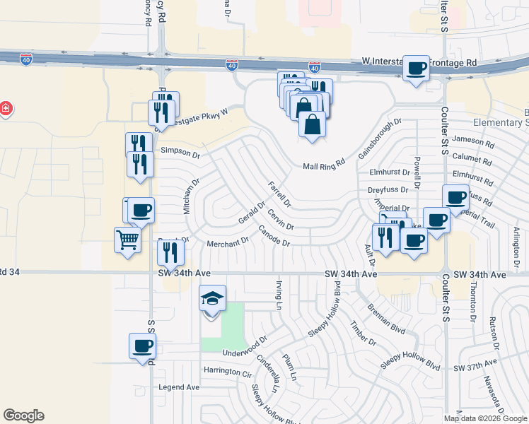 map of restaurants, bars, coffee shops, grocery stores, and more near 7725 Cervin Drive in Amarillo