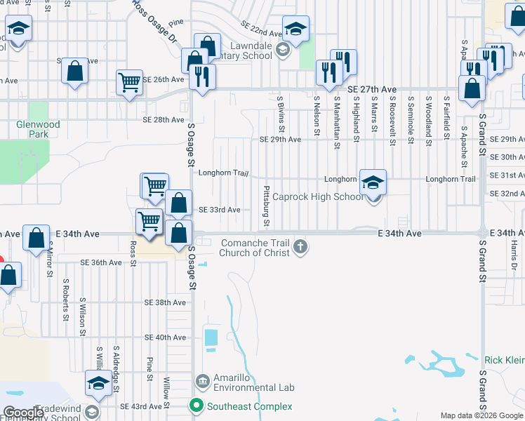 map of restaurants, bars, coffee shops, grocery stores, and more near 3119 South Philadelphia Street in Amarillo