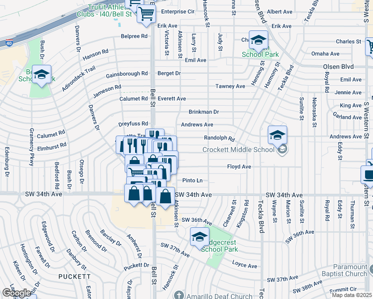map of restaurants, bars, coffee shops, grocery stores, and more near 5514 Alvarado Road in Amarillo