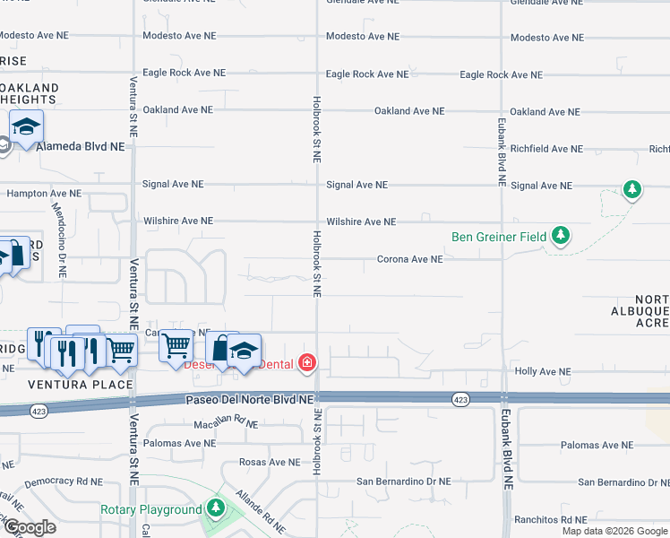 map of restaurants, bars, coffee shops, grocery stores, and more near 9606 Del Arroyo North East in Albuquerque