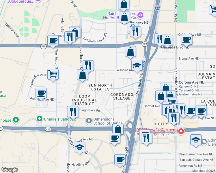map of restaurants, bars, coffee shops, grocery stores, and more near 8524 Stream Street Northeast in Albuquerque
