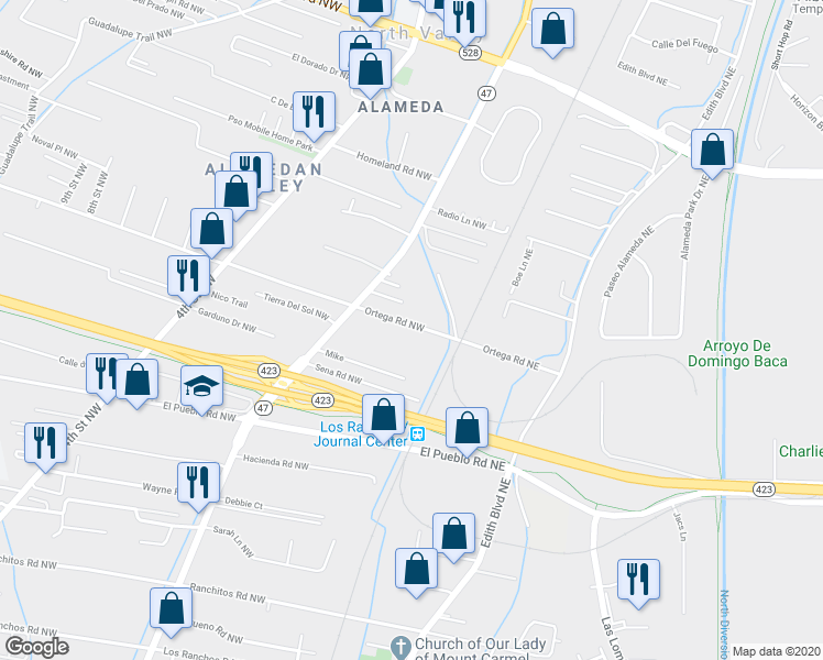 map of restaurants, bars, coffee shops, grocery stores, and more near 118 Ortega Road Northwest in Albuquerque