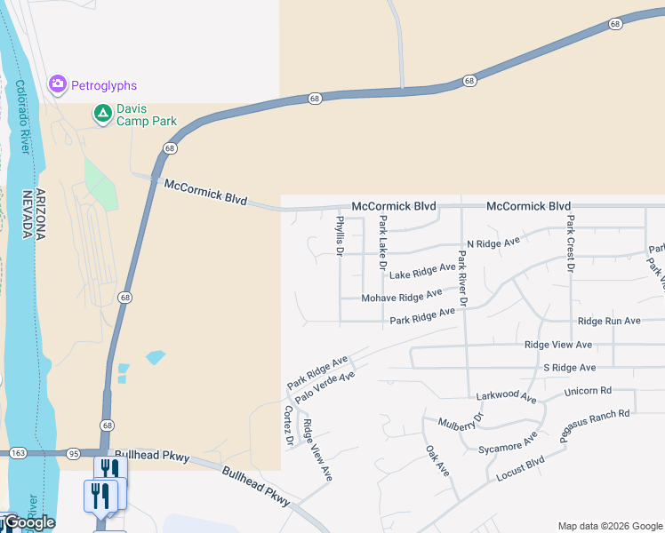 map of restaurants, bars, coffee shops, grocery stores, and more near 305 Phyllis Drive in Bullhead City