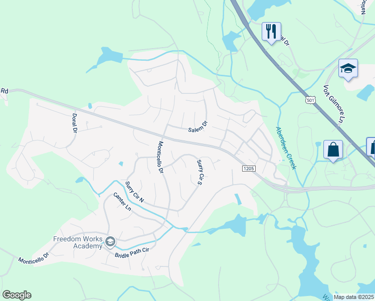 map of restaurants, bars, coffee shops, grocery stores, and more near 280 Surry Circle South in Pinehurst