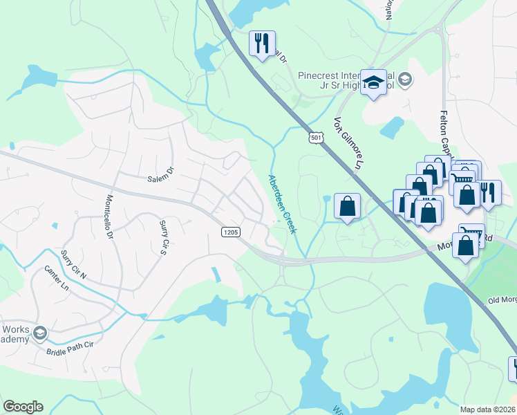 map of restaurants, bars, coffee shops, grocery stores, and more near 25 Whistling Straight Road in Pinehurst