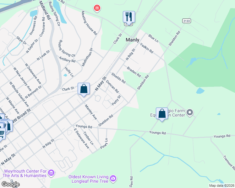 map of restaurants, bars, coffee shops, grocery stores, and more near 260 Duncan Road in Southern Pines