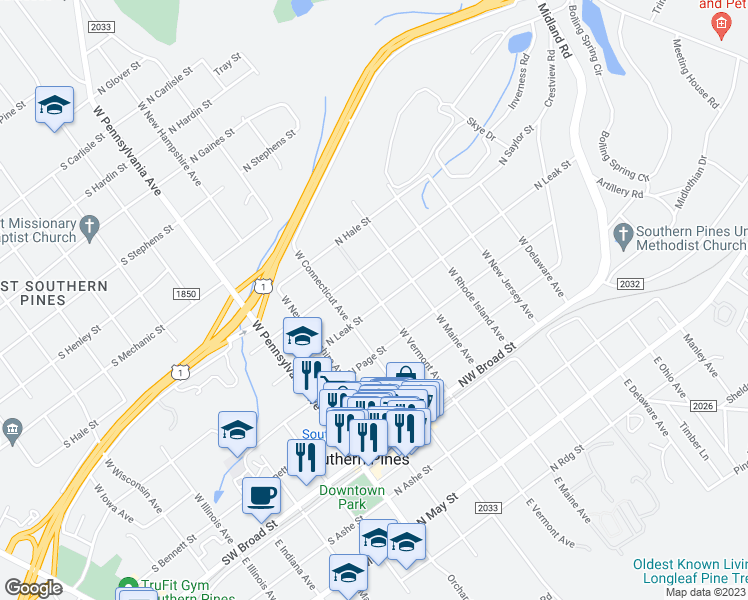 map of restaurants, bars, coffee shops, grocery stores, and more near 380 North Leak Street in Southern Pines