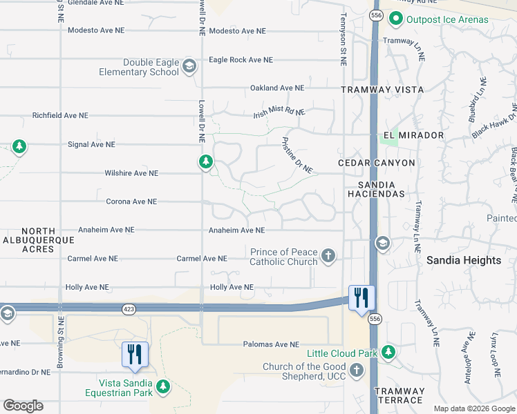 map of restaurants, bars, coffee shops, grocery stores, and more near 12221 Mountain Haze Road Northeast in Albuquerque