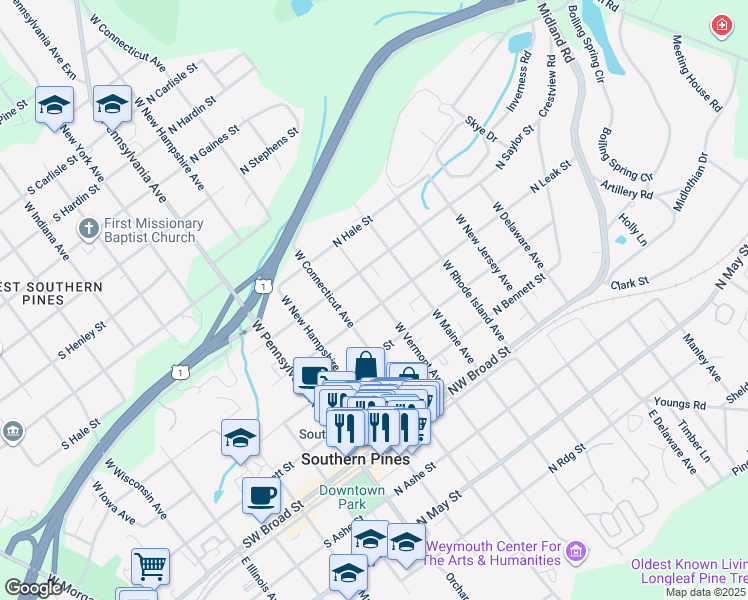 map of restaurants, bars, coffee shops, grocery stores, and more near 380 North Leak Street in Southern Pines