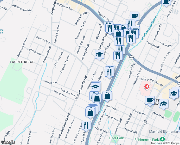 map of restaurants, bars, coffee shops, grocery stores, and more near 2107 Eugenia Avenue Northwest in Cleveland